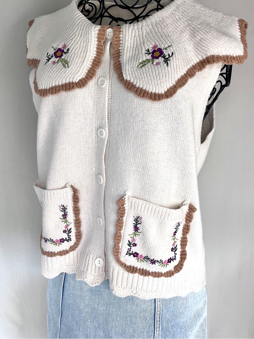 Cottagecore Embroidered Cotton Sweater Vest Floral Oversized Collar - Picture 1 of 7